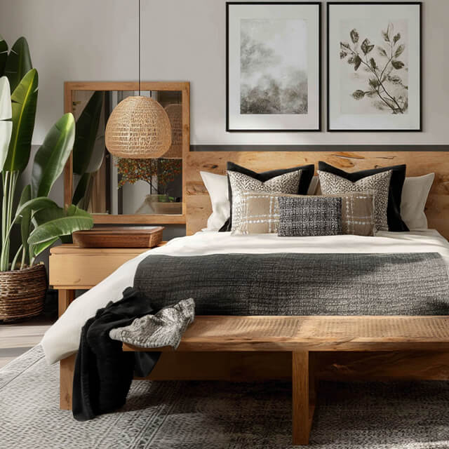 Close-up of Japandi bedroom wall art above a natural wood bed with soft neutral bedding