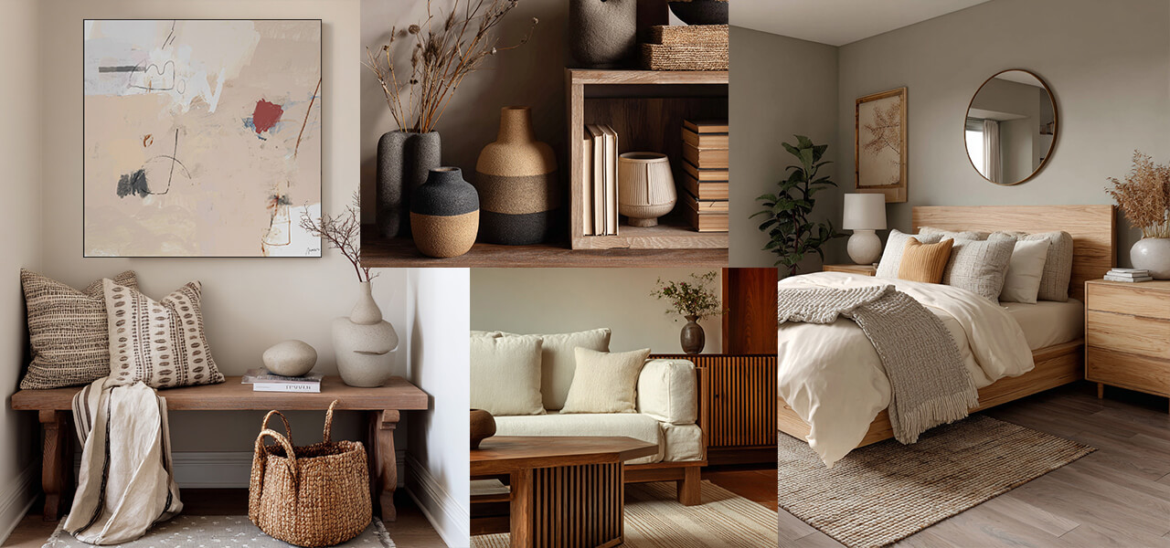 Japandi wall art in neutral bedrooms and living spaces styled with natural wood and earthy textures
