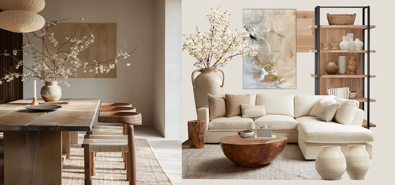 apandi wall art in living and dining spaces with wood furniture, ceramics, and neutral textiles