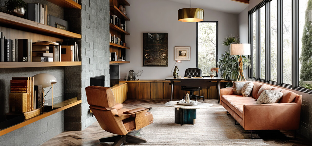 Mid-century modern home office and living room featuring leather lounge chair, peach sofa, wooden shelves, and large windows with black frames.
