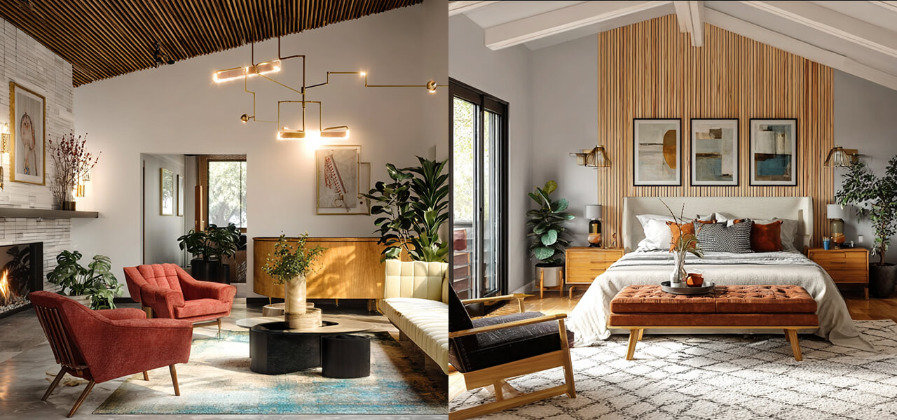 Mid-century modern living room with red accent chairs, cream sofa, wood furniture, and large windows letting in natural light.