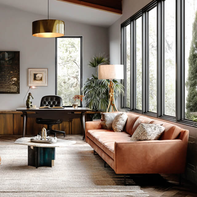 Mid-century modern living room with leather lounge chair, peach sofa, wood shelves, and large black-framed windows letting in natural light.