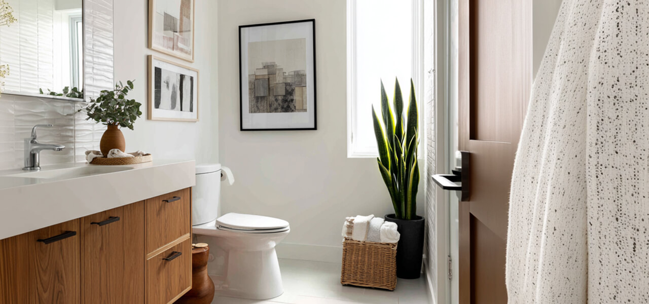 Neutral bathroom featuring framed abstract wall art above the toilet, wood vanity, wicker basket, and tall green plant