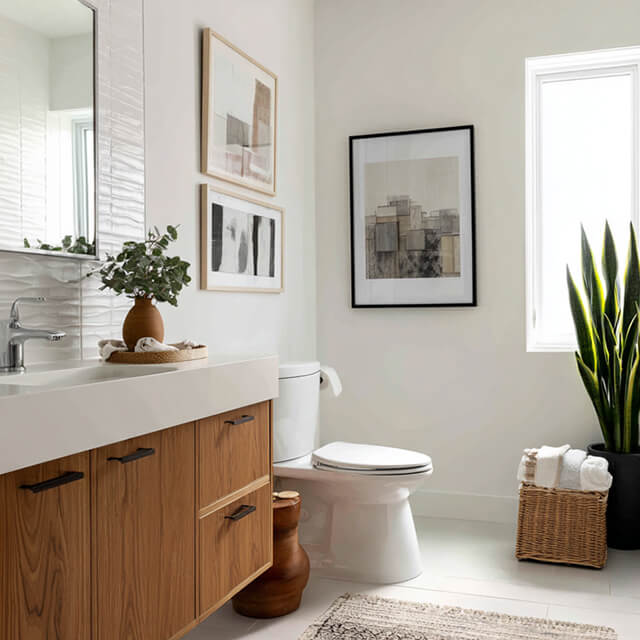 Neutral bathroom featuring framed abstract wall art above the toilet, wood vanity, wicker basket, and tall green plant