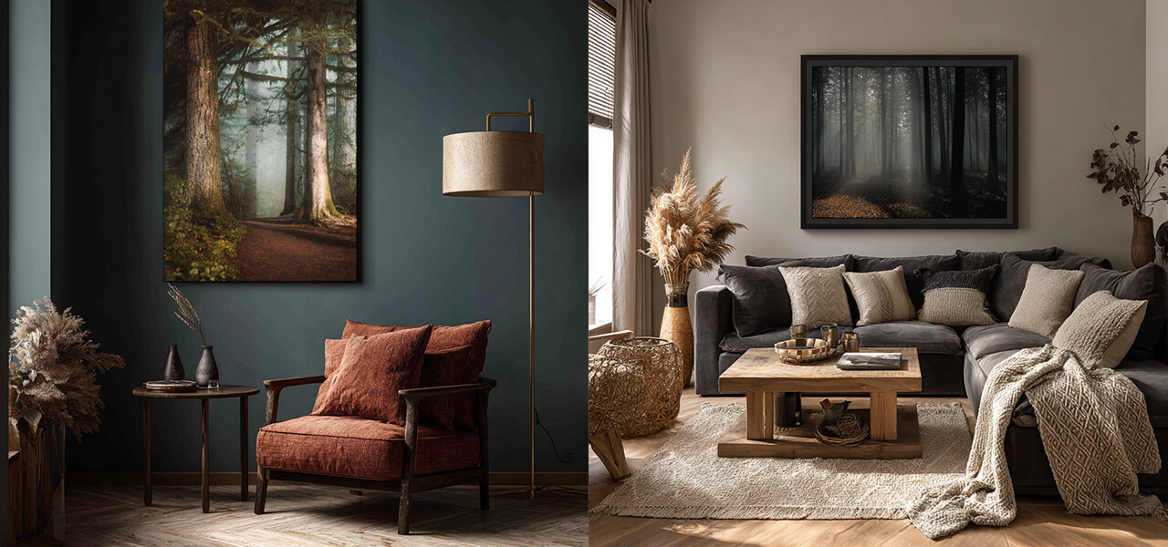 Moody forest landscape artwork styled in modern living rooms with warm fall tones and cozy textures.