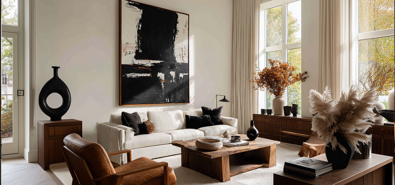 Black and white abstract wall art styled in modern living rooms with fall-inspired accents and warm wood furniture.