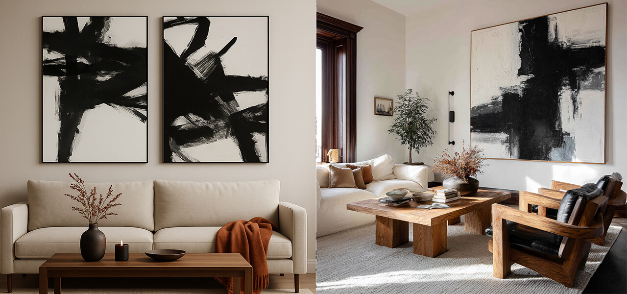 Large black abstract painting in a modern living room with warm fall decor, wood furniture, and natural light.