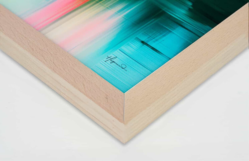 Close-up of a sleek maple acrylic frame made from recycled wood.