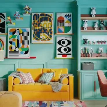 aqua modern maximalist office with yellow couch