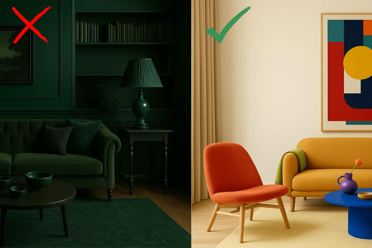 color drenched green living room vs colorful scandi living room