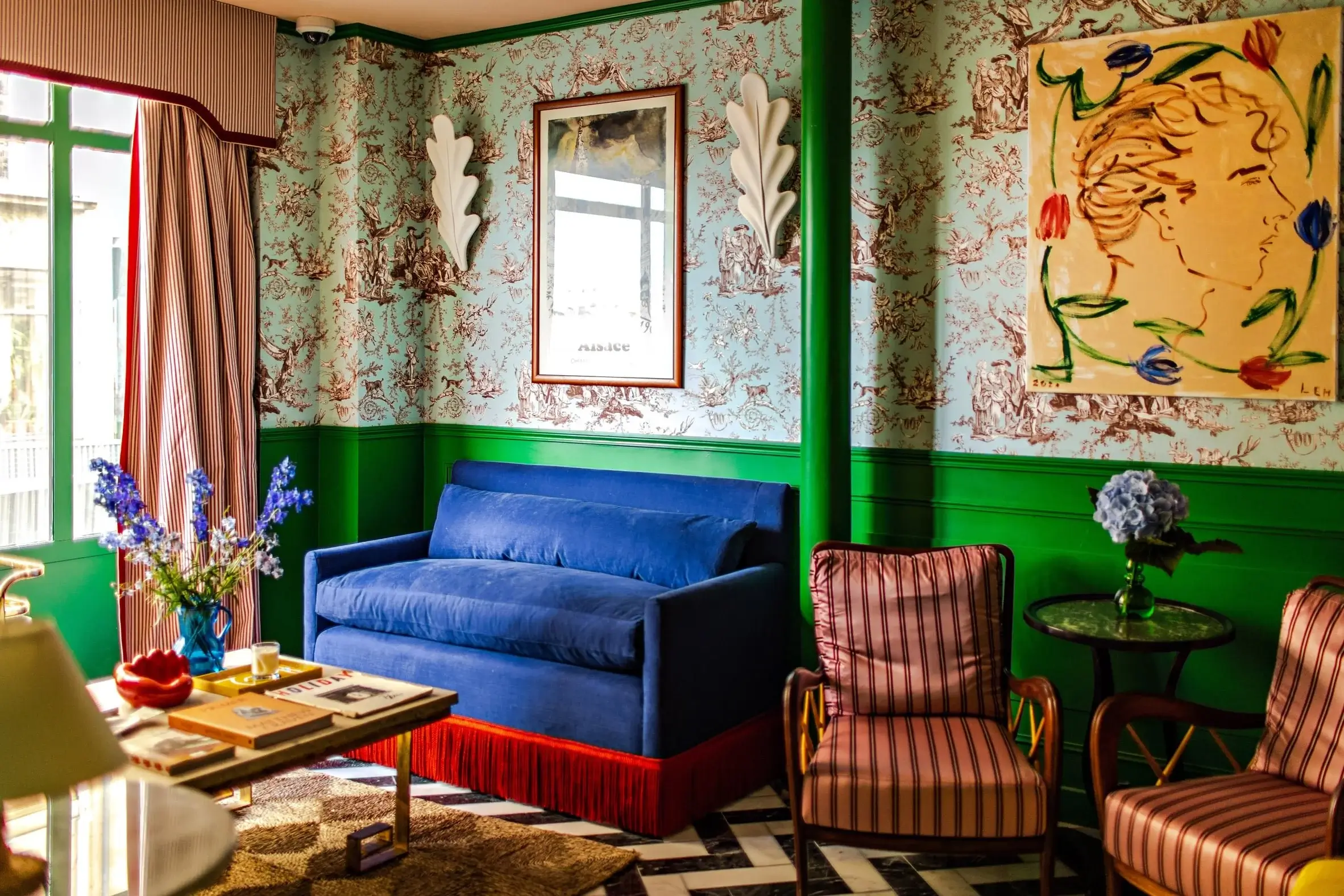 Blue couch modern maximalist living room