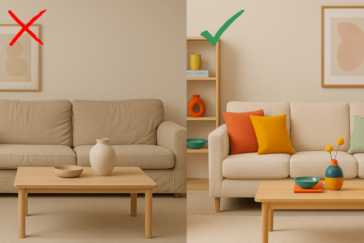 comparison boring neutral room to fun pops of color