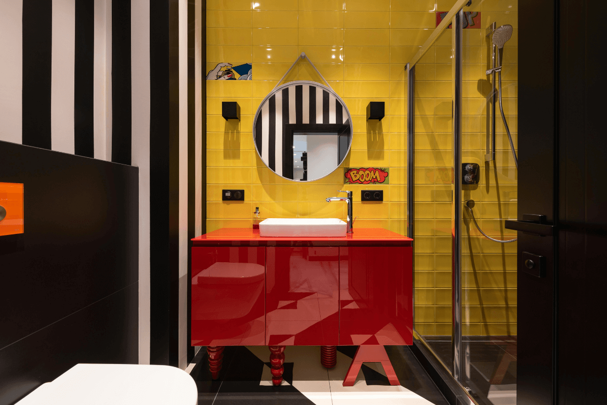 yellow and red maximalist modern restroom