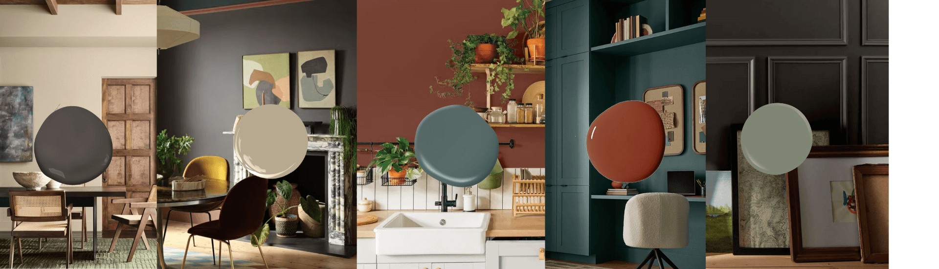 Five interior scenes showing the 2026 paint color trends - dark charcoal, khaki beige, clay red, teal blue-green, and soft sage. Used in living, dining, and office spaces.