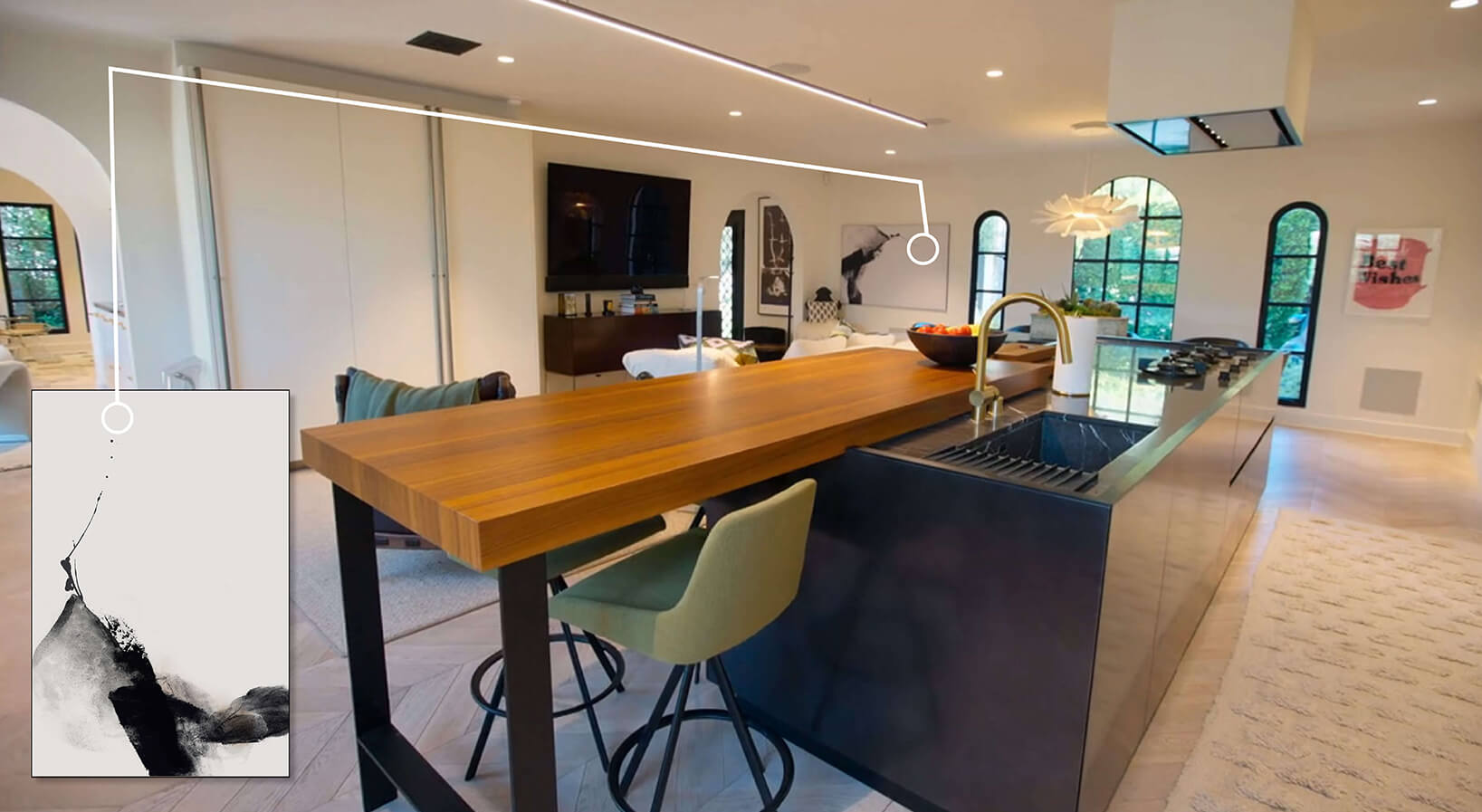 Modern wall art in the background of a luxury staged kitchen with open layout.