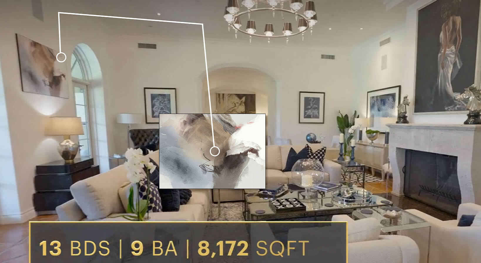 Modern wall art displayed in a spacious luxury home alongside additional framed prints.