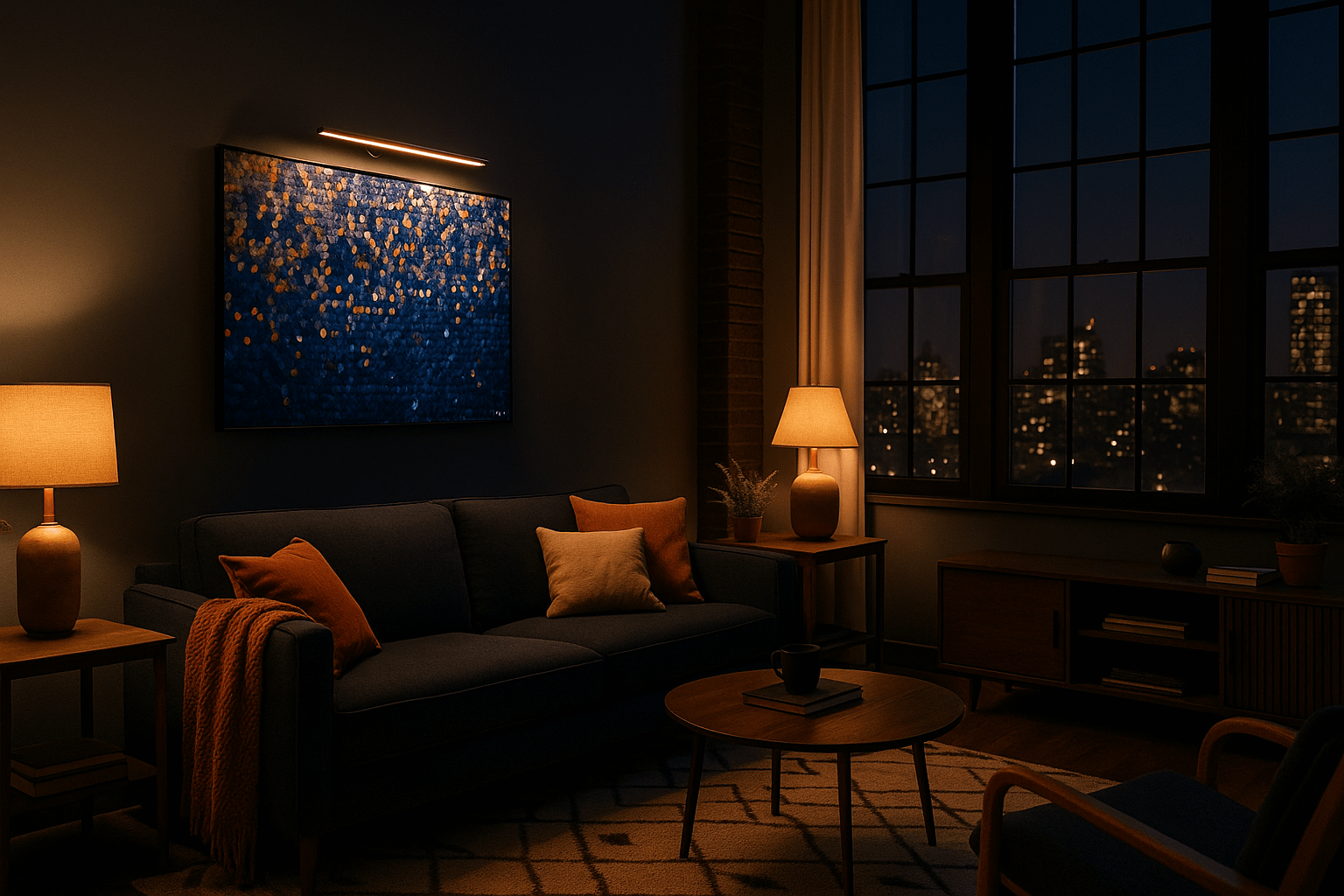 dim nyc apartment arm lighting art on wall