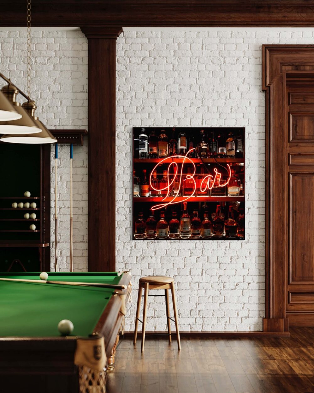 Bar Themed Man Cave Decor with Large Neon "Bar" Sign Photograph Featured