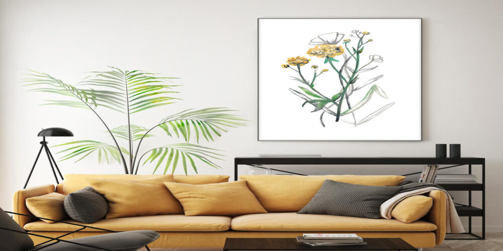 Flower large wall decor hanging on a wall over a yellow couch