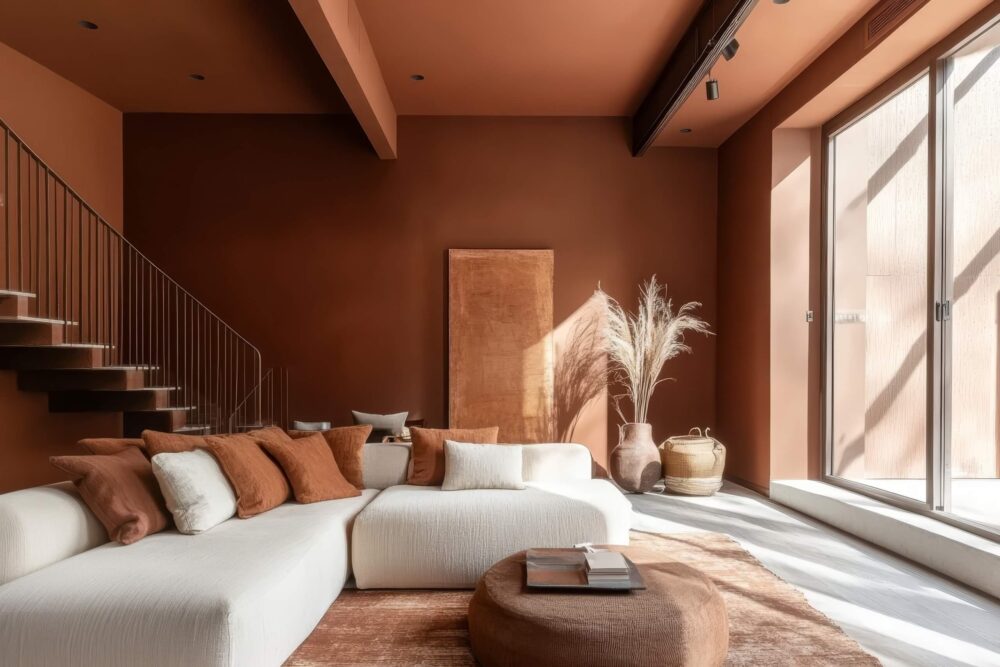 Modern living room with mocha-colored walls, soft pink seating, textured decor, and natural light streaming through sheer curtains.