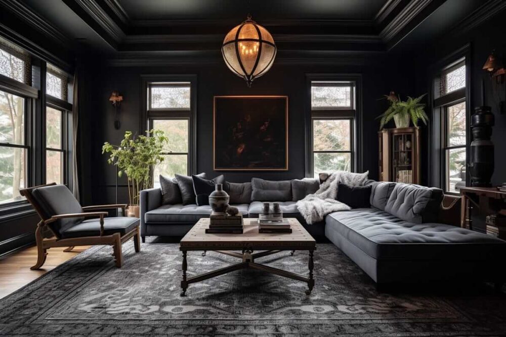 Charcoal color drenching brings instant depth and sophistication to this modern living room. From the walls to the furniture, every shade blends seamlessly, proving that dark interiors can feel both inviting and high-end.