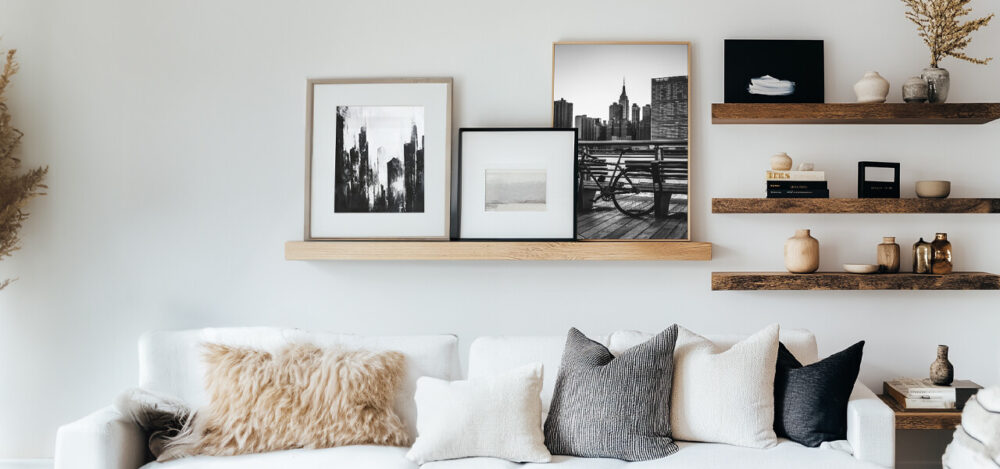 A modern living room with a mix of black-and-white photography and abstract art on a floating shelf above a white couch.