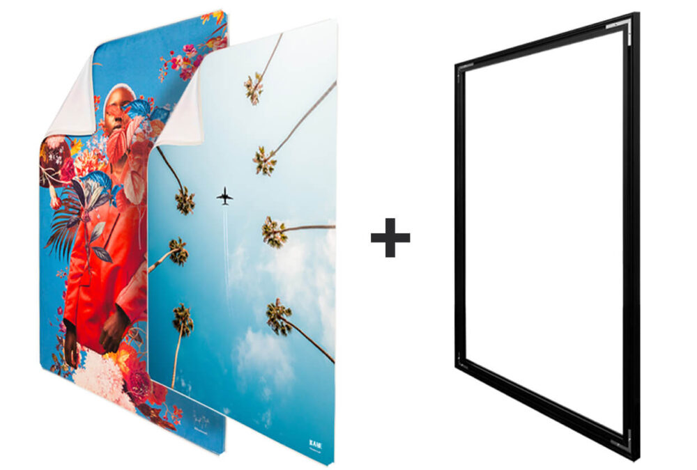 Two interchangeable art prints alongside a sleek black frame.