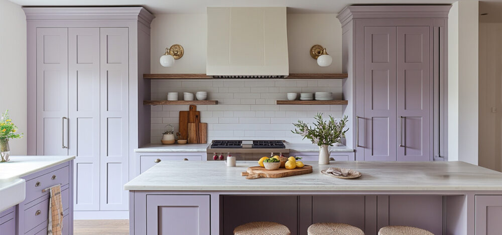 modern kitchen featuring soft pastel cabinetry in a muted lavender shade, paired with marble countertops and warm wood accents.