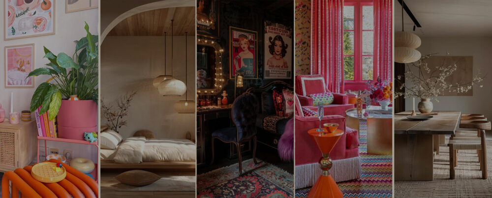 Collage of 2025 home decor trends featuring colorful Dopamine Decor, cozy Japandi minimalism, and moody Whimsigoth interiors.
