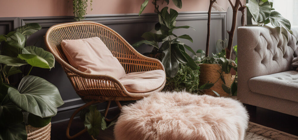 Cozy bloom room with indoor plants, a rattan chair, and soft pink décor accents