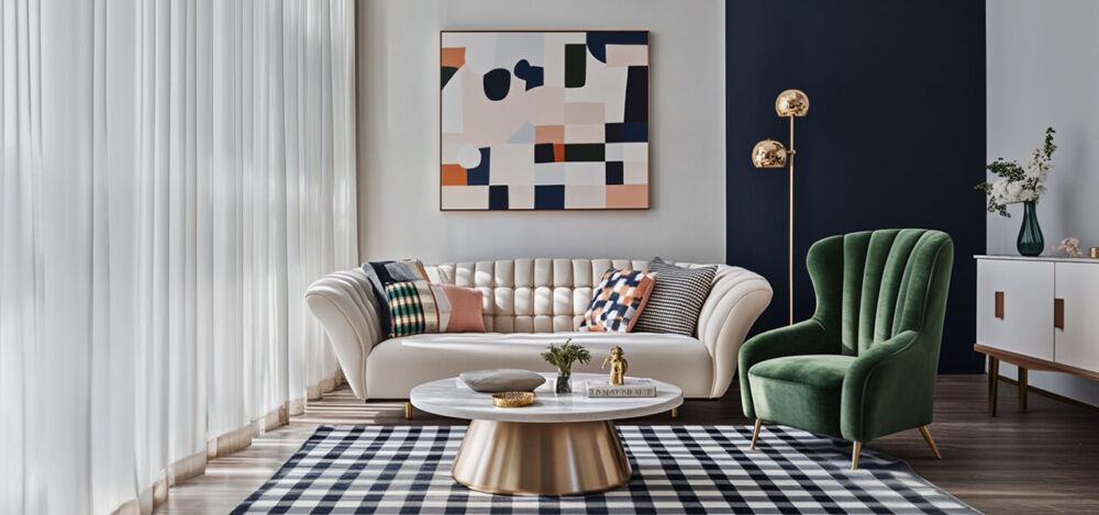 Modern minimalist maximalist living room with a cream tufted sofa, green velvet accent chair, geometric wall art, and a navy checkered rug