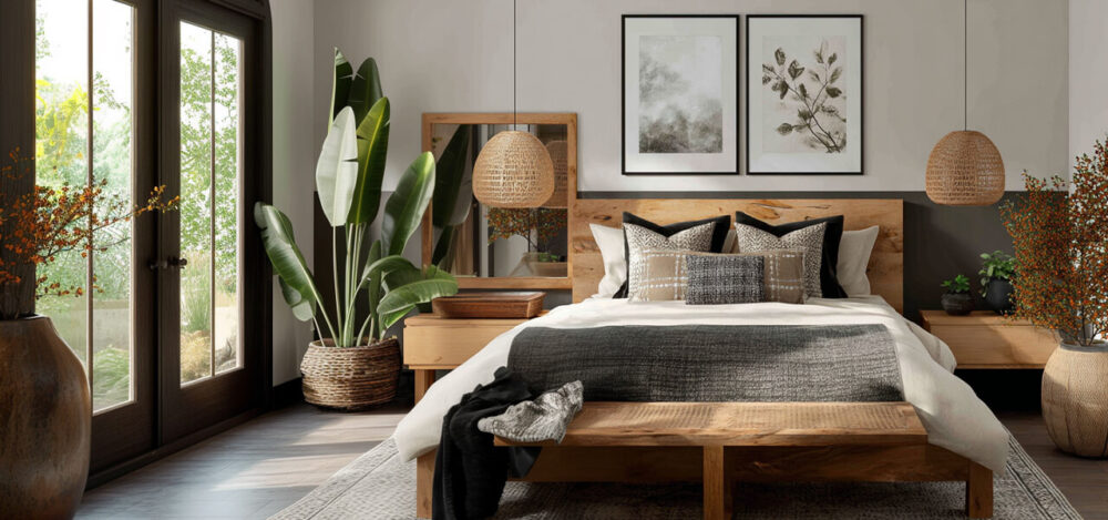 Japandi style bedroom with light wood furniture, oversized wall art, neutral bedding, and natural textures