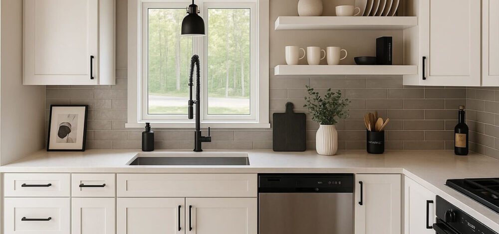 A redesign of a kitchen with floating shelves and modern white cabinetry