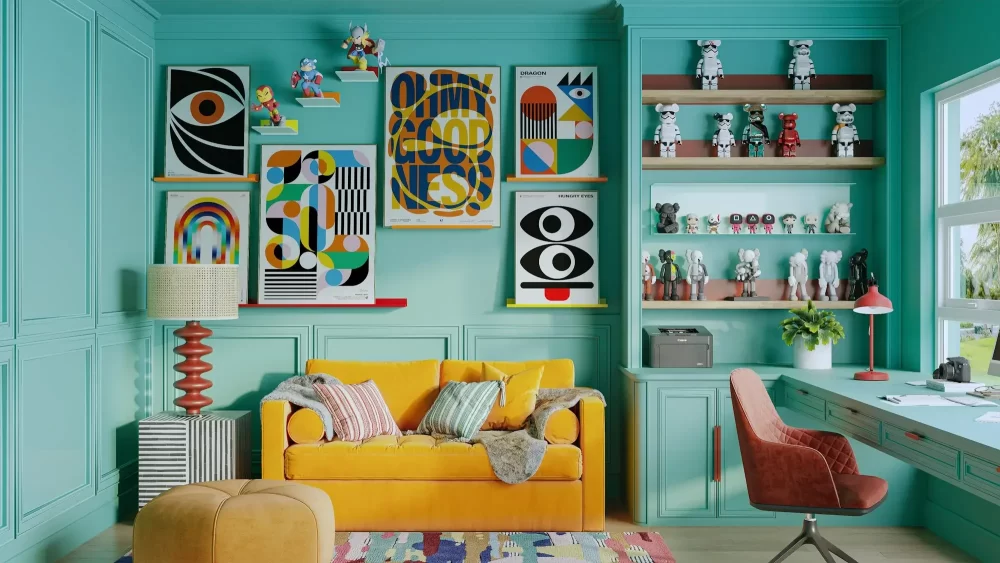 aqua modern maximalist office with yellow couch
