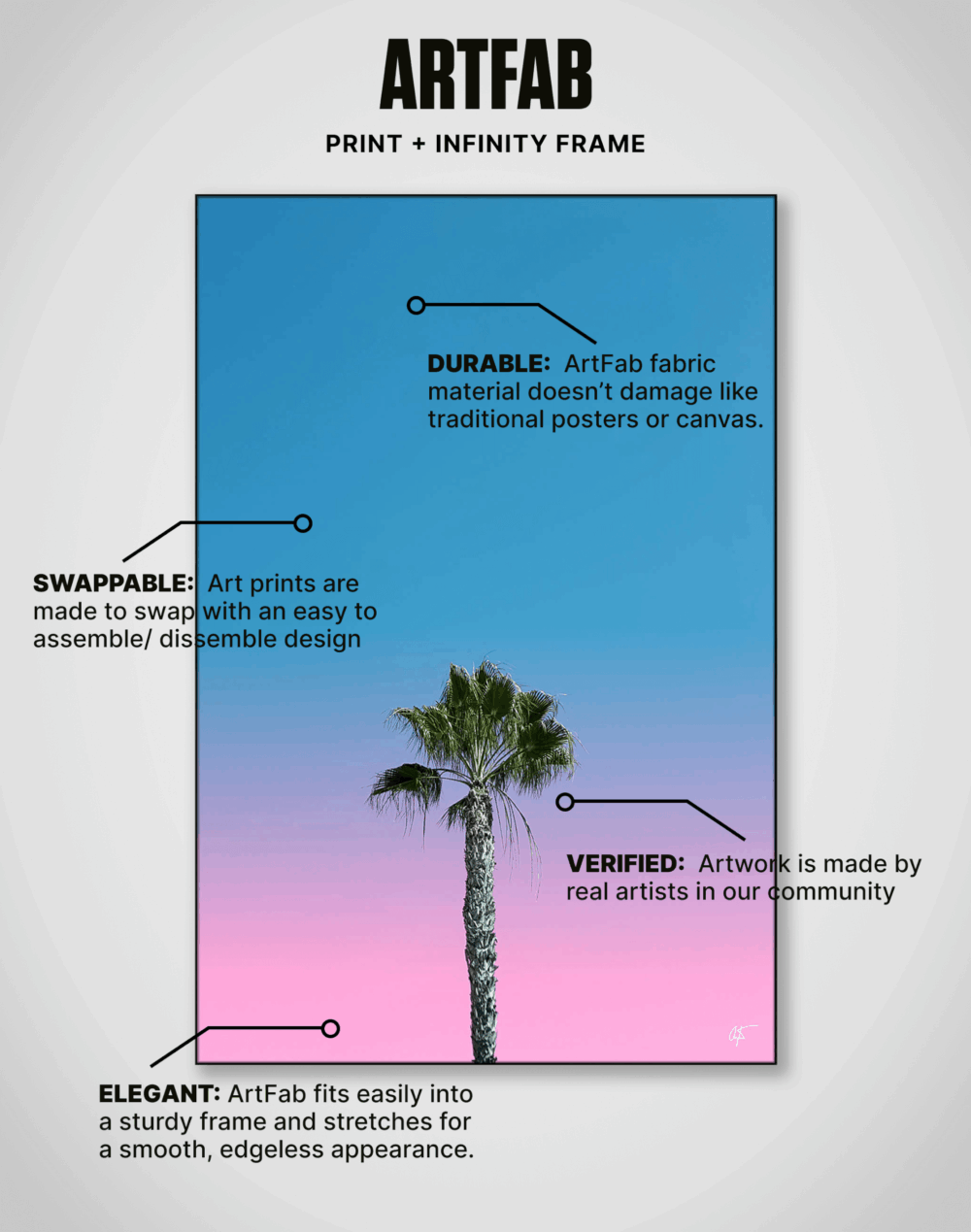 ArtFab print with palm tree in Infinity Frame, highlighting durable, swappable, and elegant wall art features.