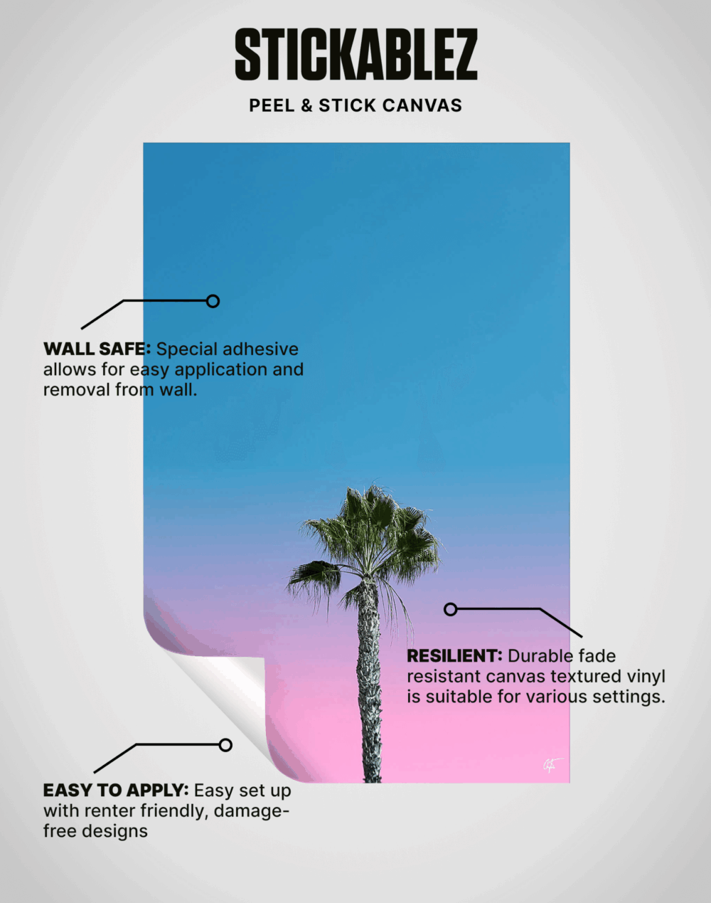 Peel and stick wall art featuring palm tree on gradient sky, showing Stickablez wall-safe canvas features.