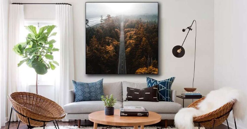 A living room with a wall hanging used to demonstrate some of the pros and cons of framed wall art