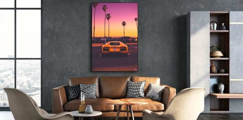 A large Classic Car wall art piece of a Lamborghini hanging over a couch