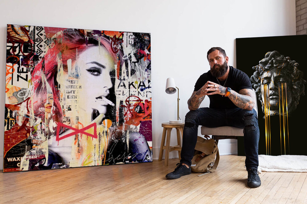 Pairing of graffiti black white and pink graffiti pop collage and black and gold Medusa pop wall art in man's living room