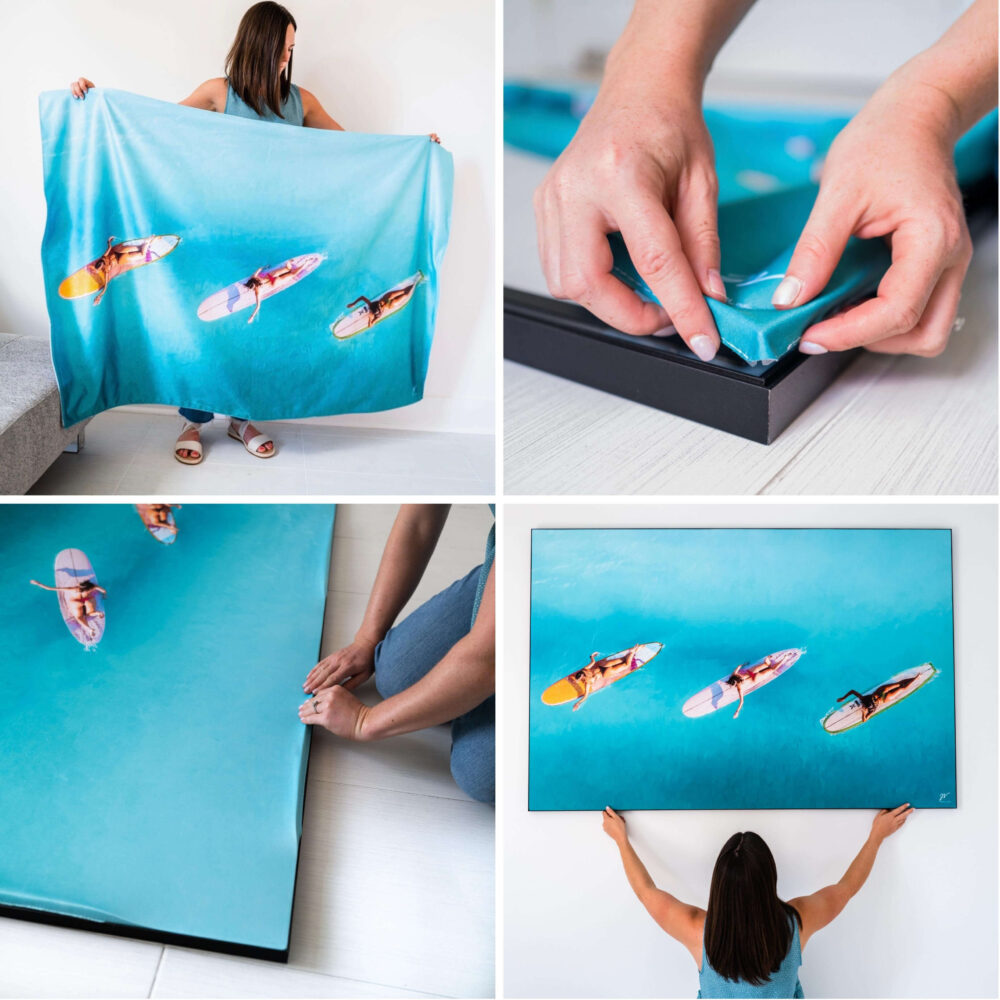 Four image collage showing step by step how to insert your BIG Wall Décor fabric print.