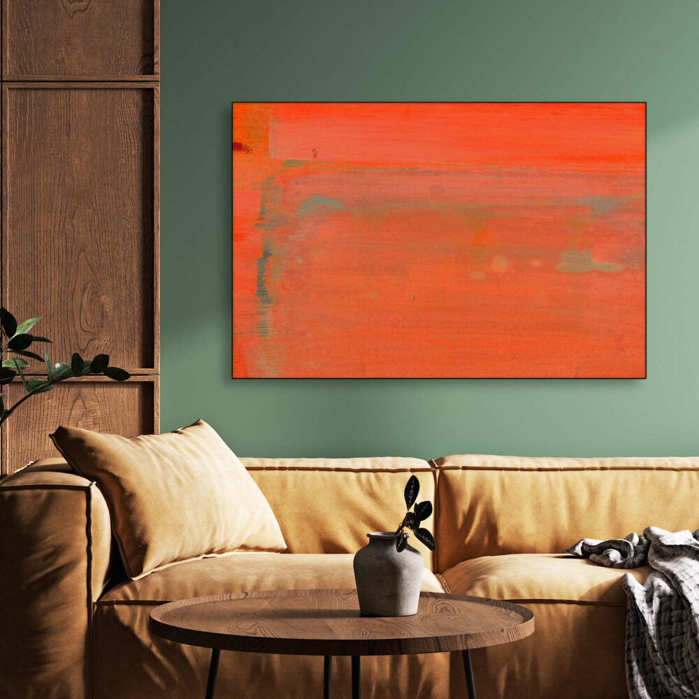Pantone Autumn 2022 color Orange Tiger orange abstract wall art hung on green wall in living room