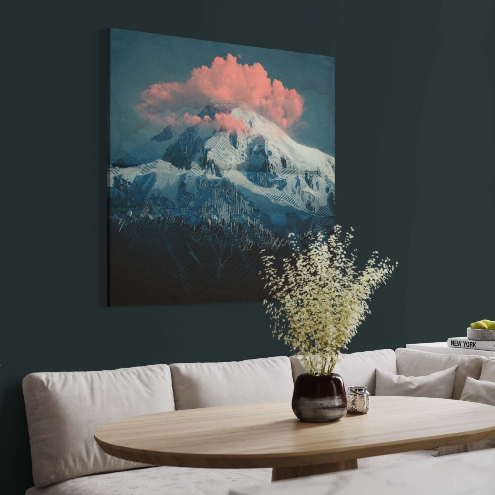 Extra large blue mountain abstract artwork "The Glow" by Jamison Gish hangs above Dining Room Table