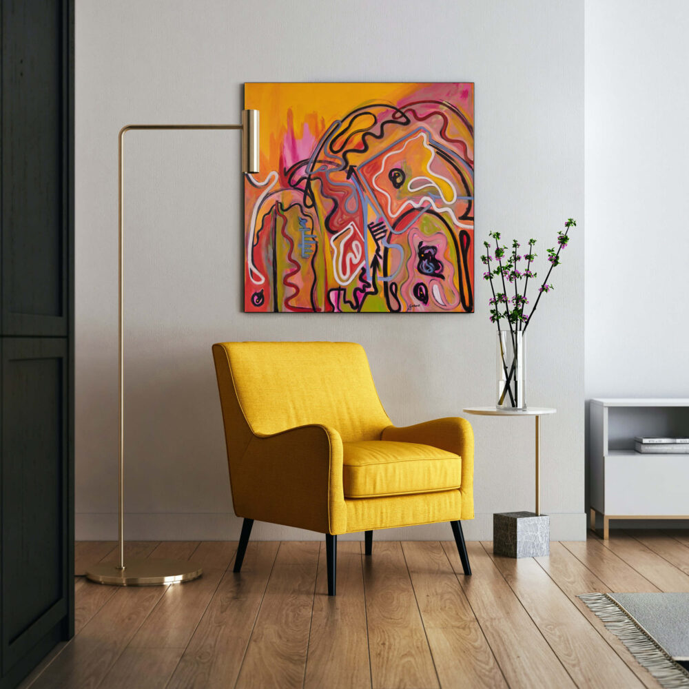 Colorful painted abstract wall art hung above yellow chair in living room