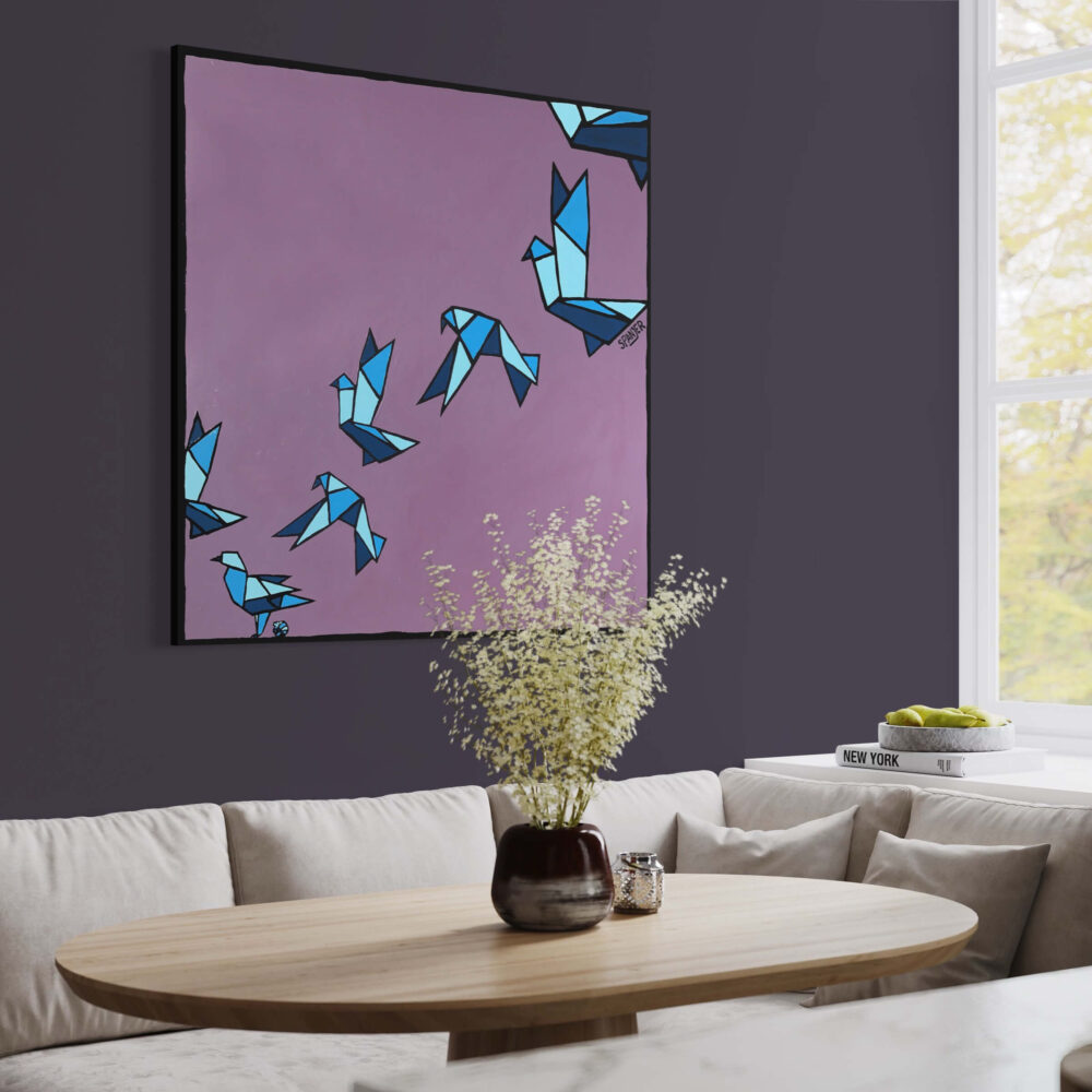 Purple pop art with blue painted origami birds flying across hangs above kitchen table
