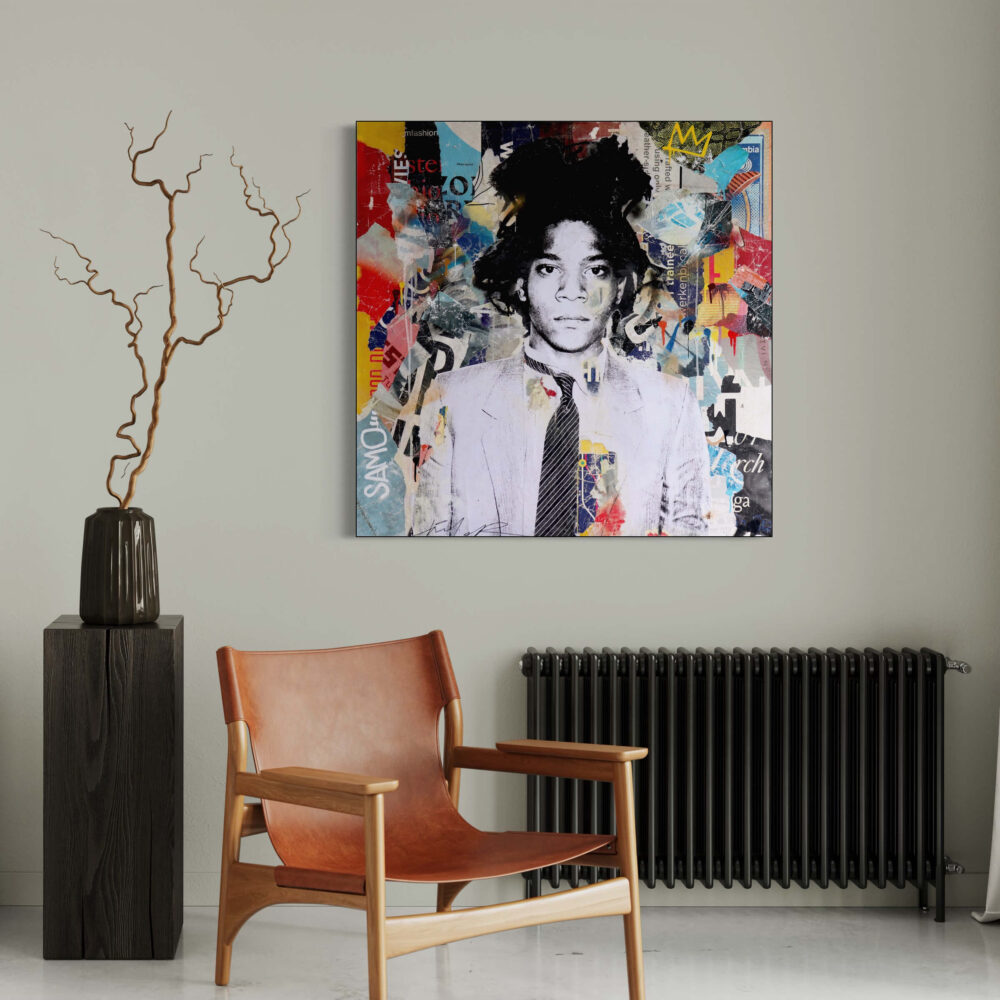 Large pop wall art collage painting of Jean Michel Basquiat hanging in living room