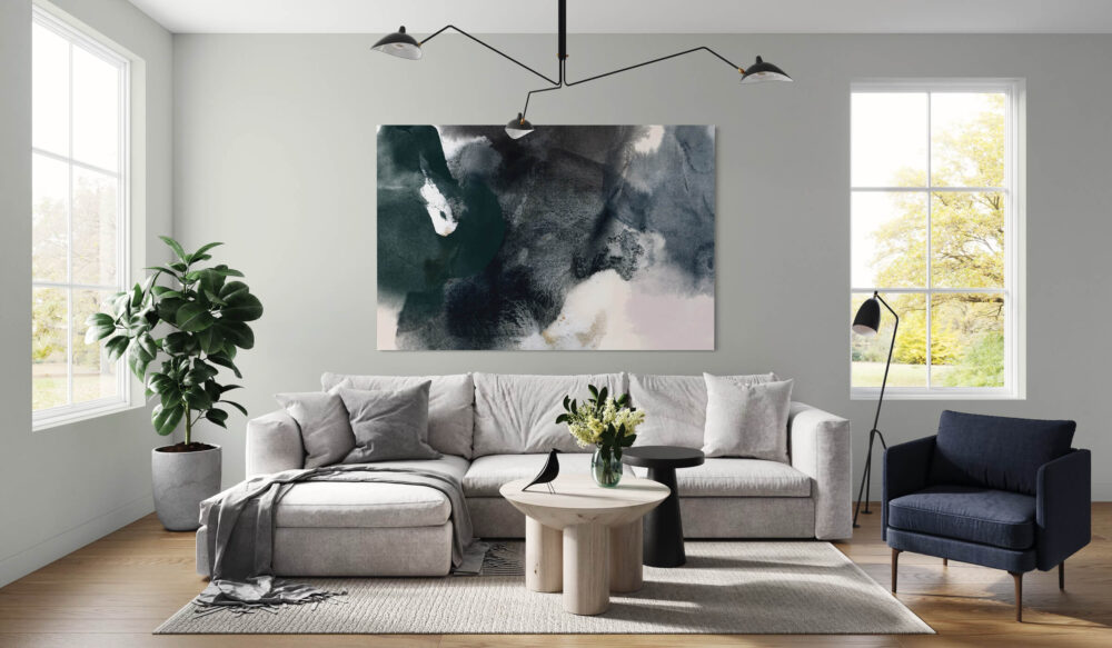 Extra Large abstract artwork in blue hangs above neutral gray couch