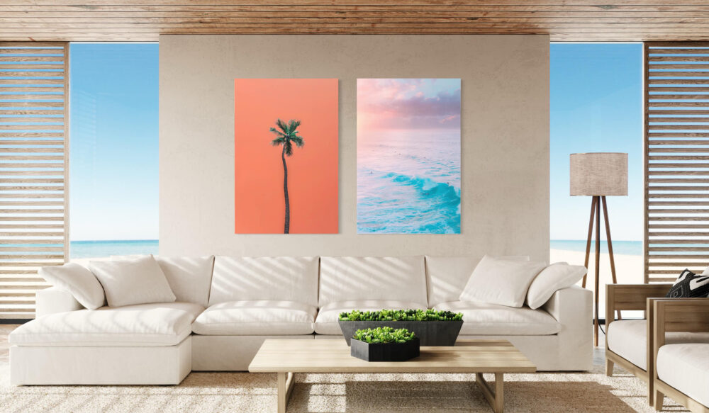 Two Extra Large Beach Wall Art Pieces Hang Side by Side Vertically Above Couch in Living Room