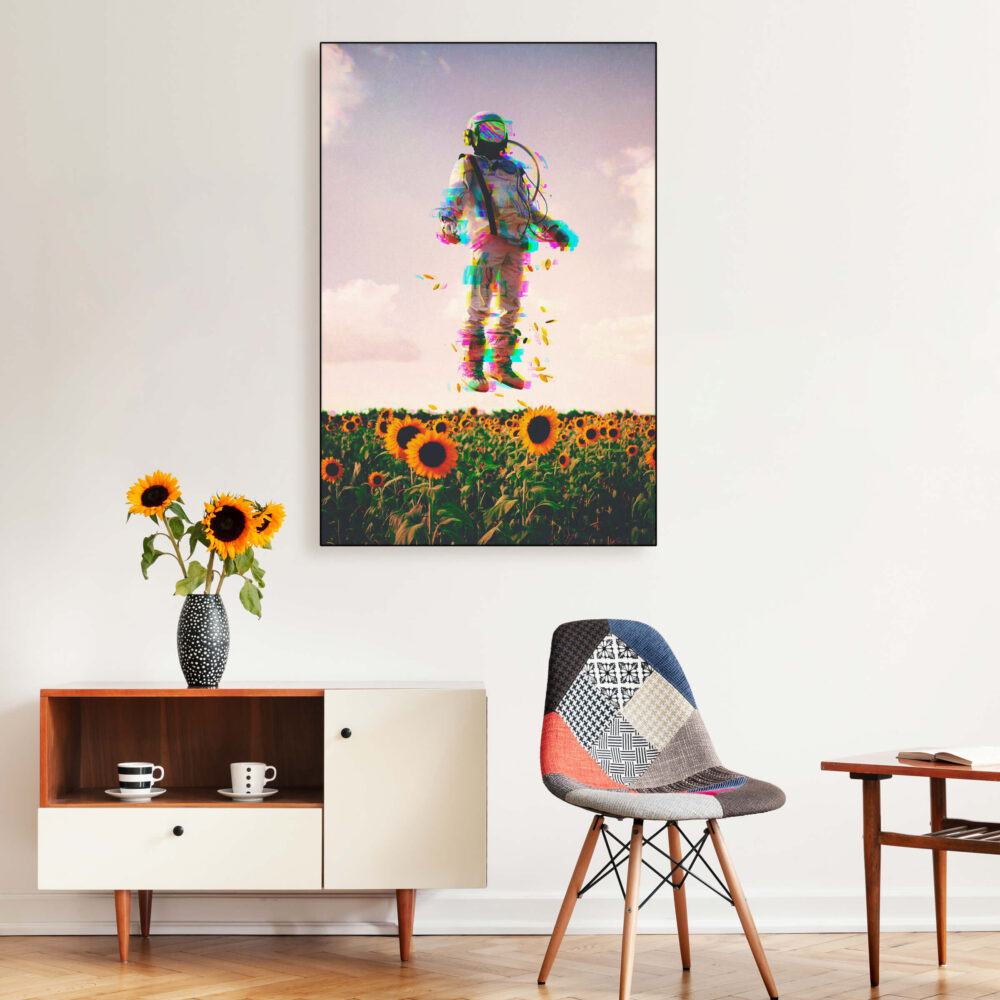 Oversized surreal wall art featuring astronaut floating in sunflower field hangs in entryway