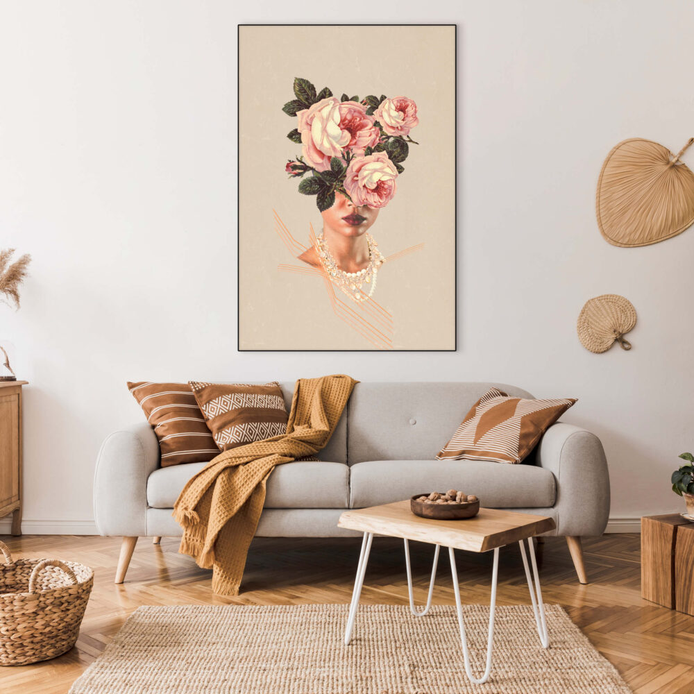 Massive neutral boho wall art featuring flower head hangs in living room
