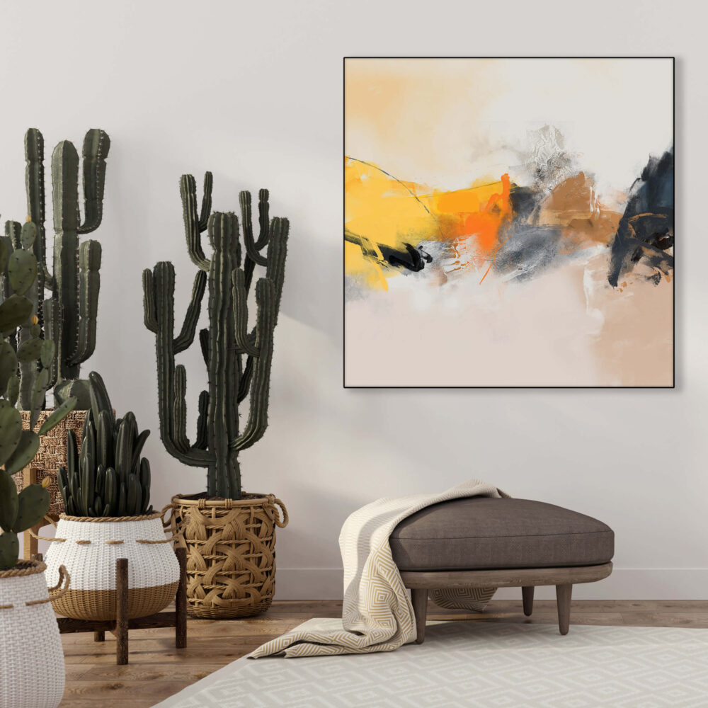 Oversized yellow and tan abstract boho artwork for your living room